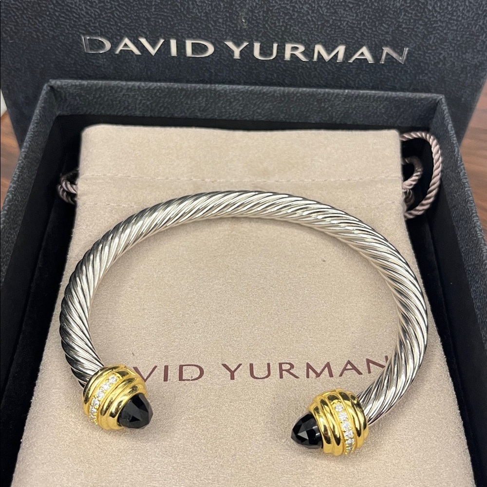 David Yurman Silver-Tone Twisted Cable Cuff Bracelet with Black Stone Ends Sz7mm